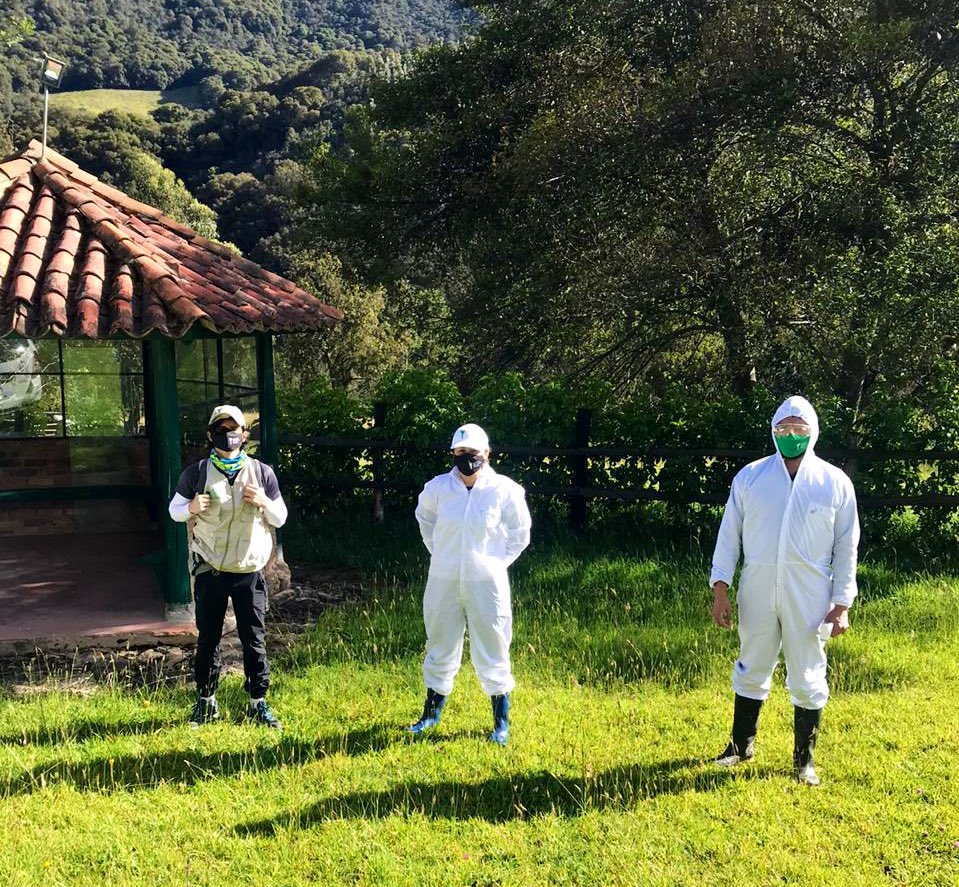 Tres hombres del equipo de la ANT, están realizando trabajo de campo, dos ellos llevan puesto trajes de protección contra las abejas. de fondo se ven árboles, una casa y pasto verde.