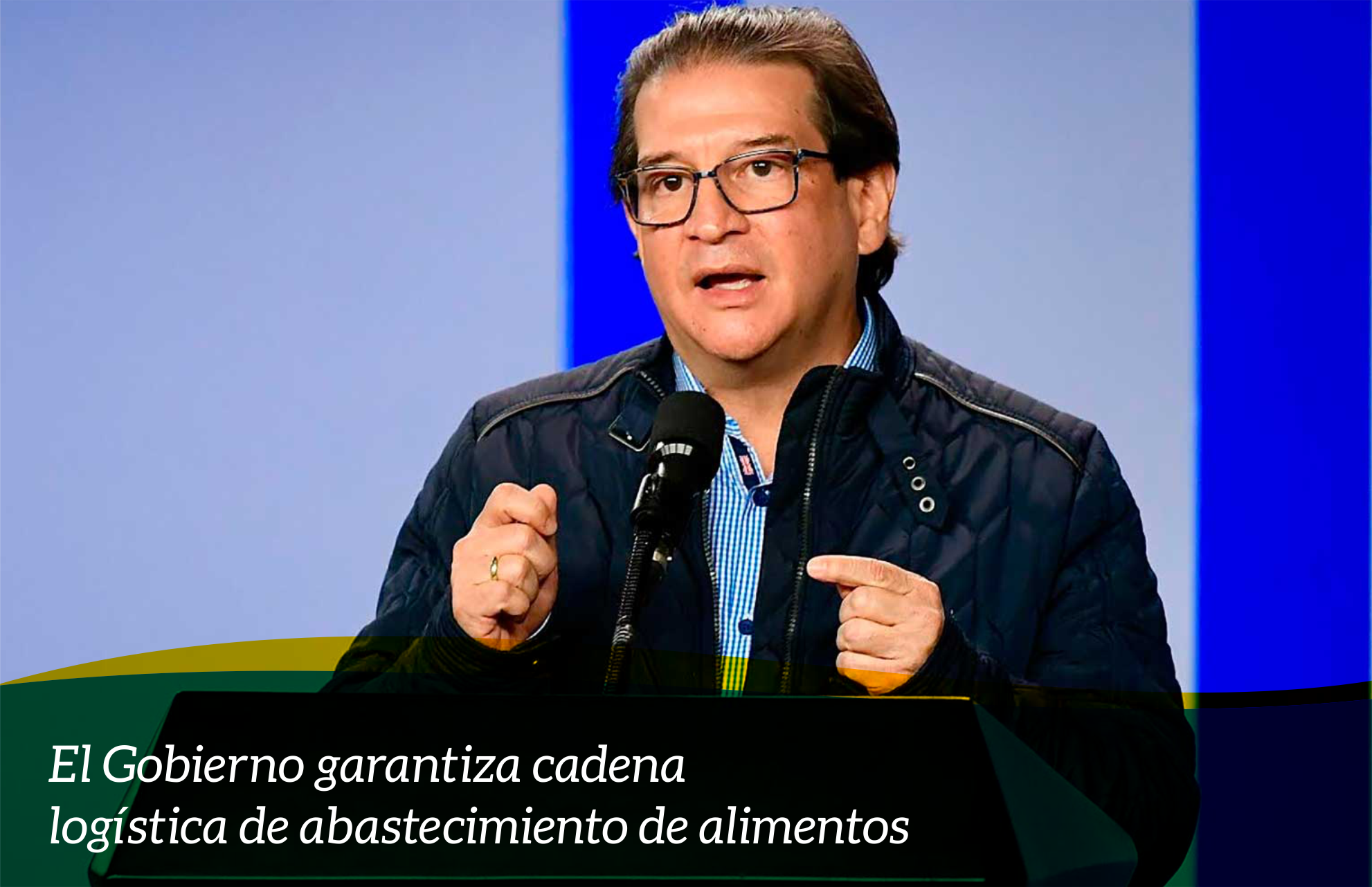El Ministro de Agricultura, Rodolfo Enrique Zea Navarro, anunciando que El Gobierno Nacional garantiza cadena logística de abastecimiento de alimentos, desde la producción, transporte y distribución para atender la emergencia dada por el Covid-19.