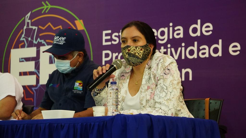La Directora de la ANT, Myriam Martínez,  aparece en compañía de un hombre funcionario de Sucre, sentados en una mesa de conversación. Los dos tienen tapabocas y ella está hablando por un micrófono.
