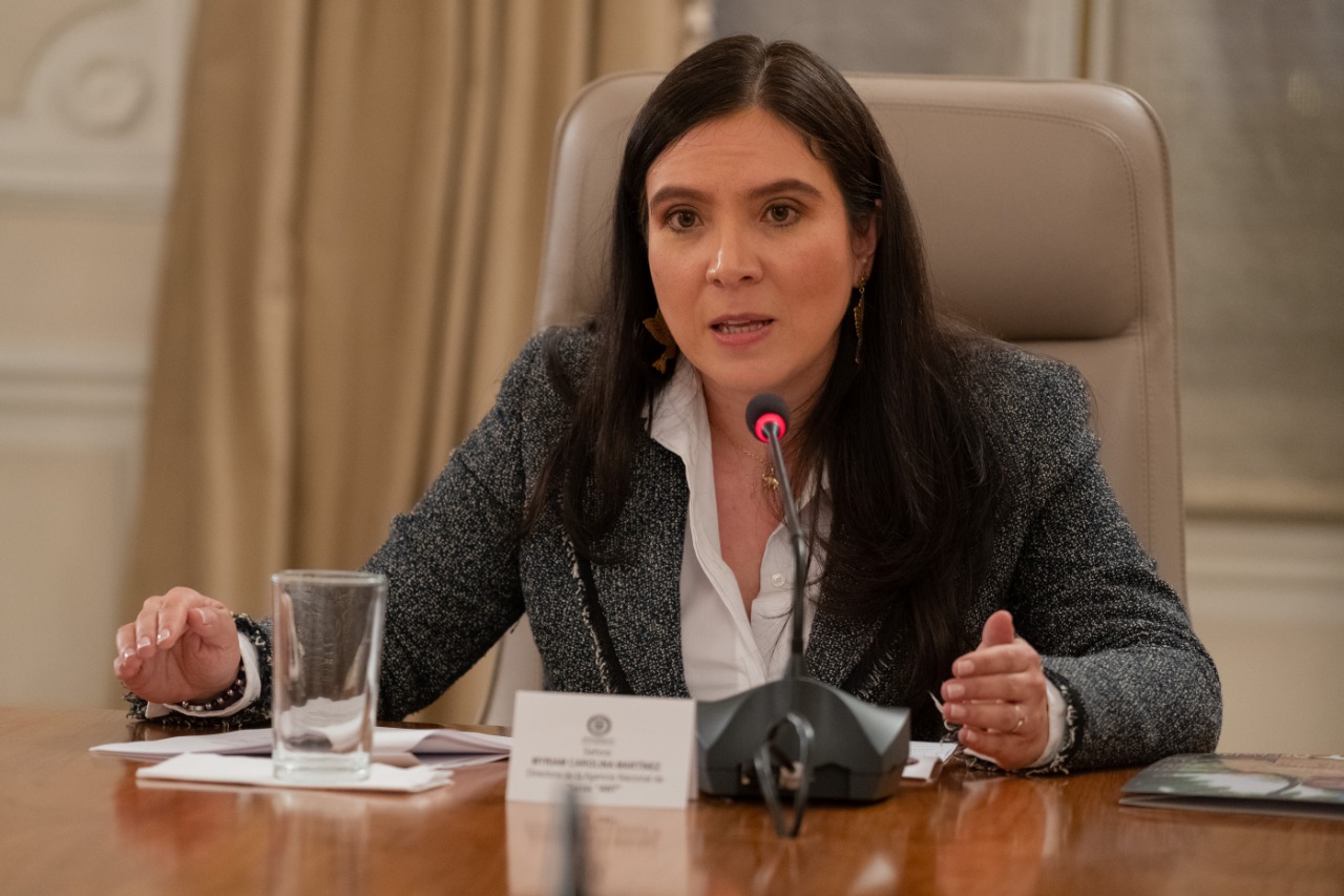 La Directora de la ANT, Myriam Martínez Cárdenas,  aparece sola  de medio cuerpo sentada, hablando sobre un micrófono. Sobre la mesa un vaso con agua..