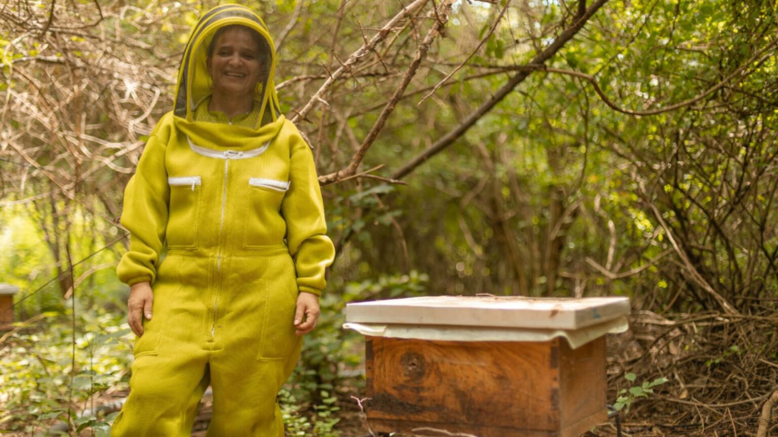 Mujer sonriendo con un traje de apicultor.