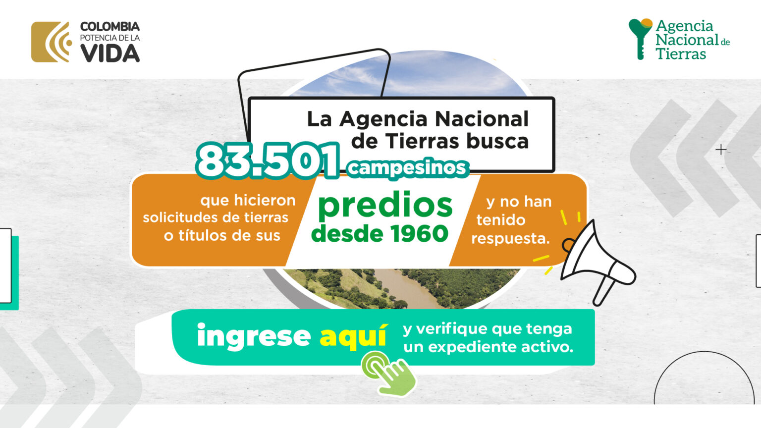 Infografía que anuncia que la ANT busca 83.501 campesinos que hayan hecho solicitudes de tierras y no han tenido respuesta.