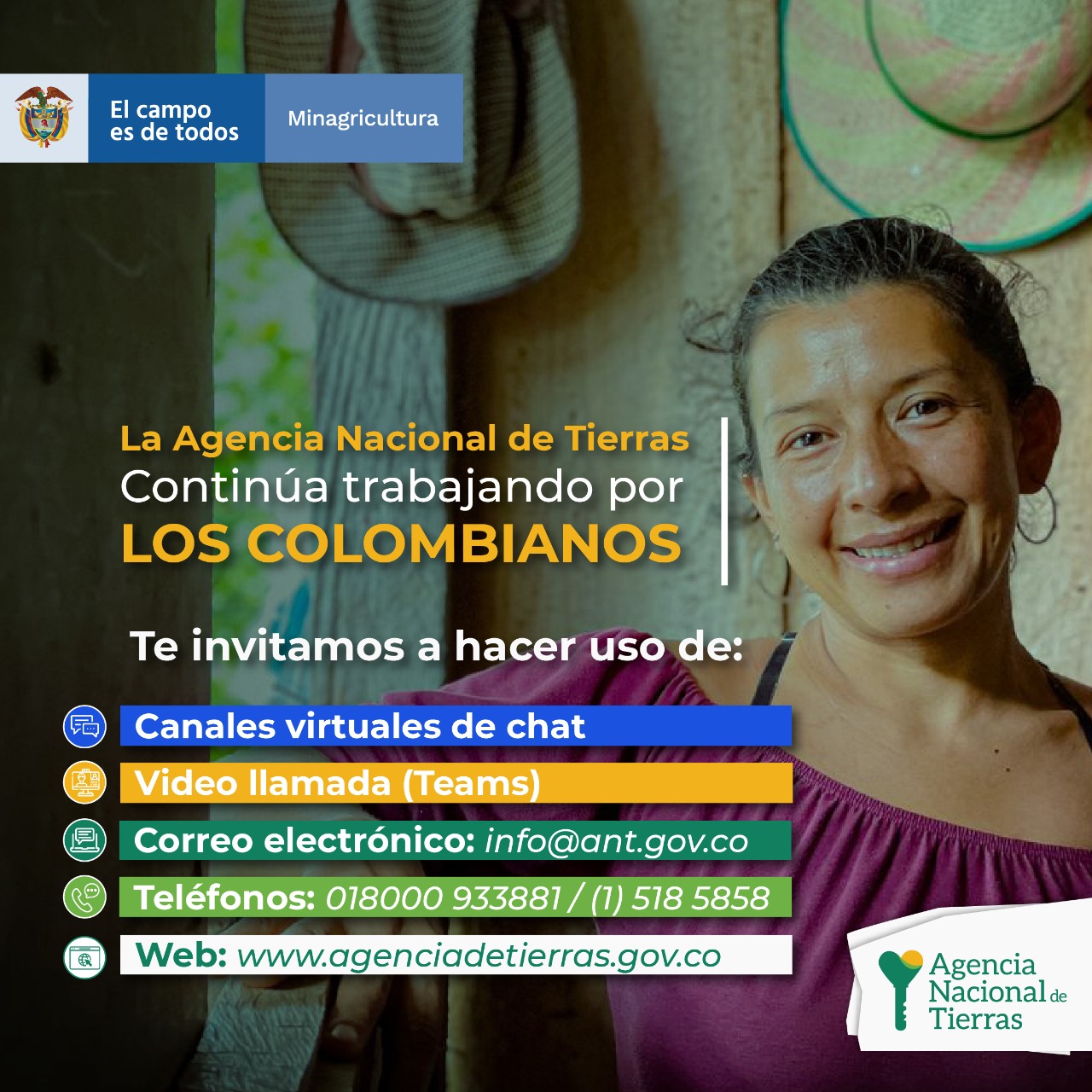 Imagen referencia de campesina donde se enumeran los canales de atención virtual, telefonico o pagina web