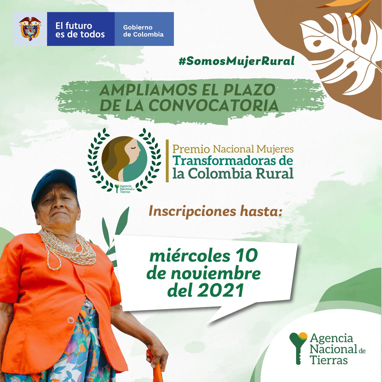 Imagen publicitaria para informar ampliación de convocatoria para el premio “Mujer Transformadoras de la Colombia Rural”
