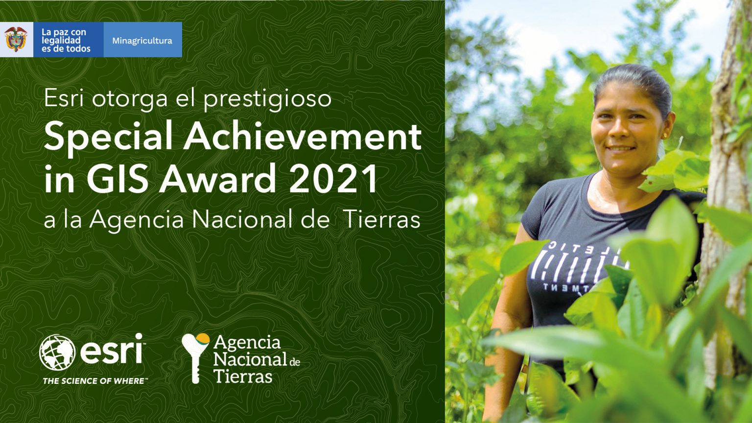 Imagen publicitaria informando que la ANT fue reconocida con el Special Achievement in GIS (SAG) Award, premio otorgado por el Environmental Systems Research Institute – ESRI