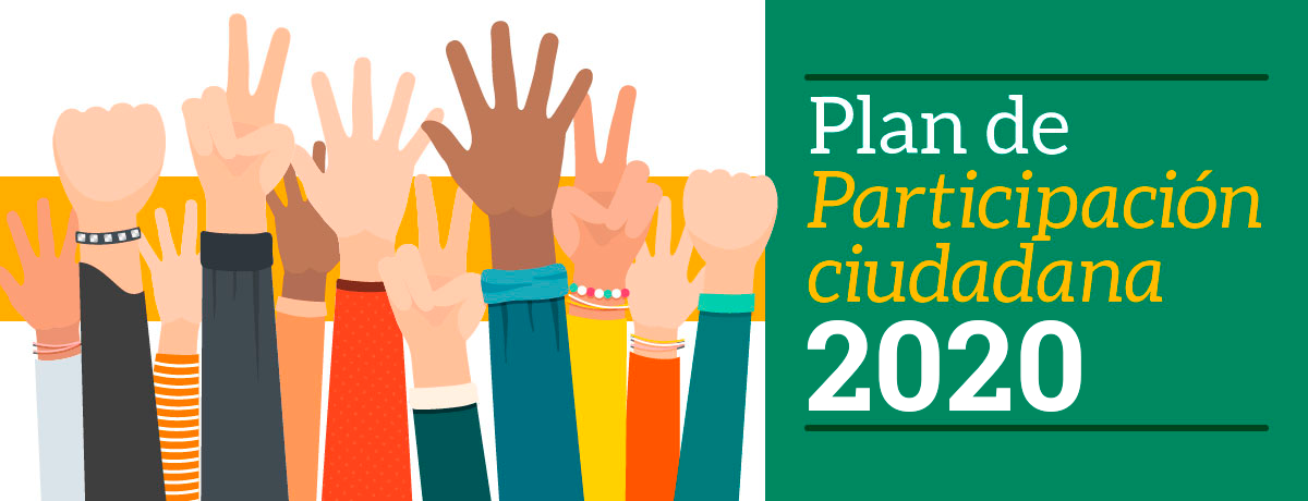 Banner sobre el Plan de participación Ciudadana 2020 con ilustración de manos arriba 