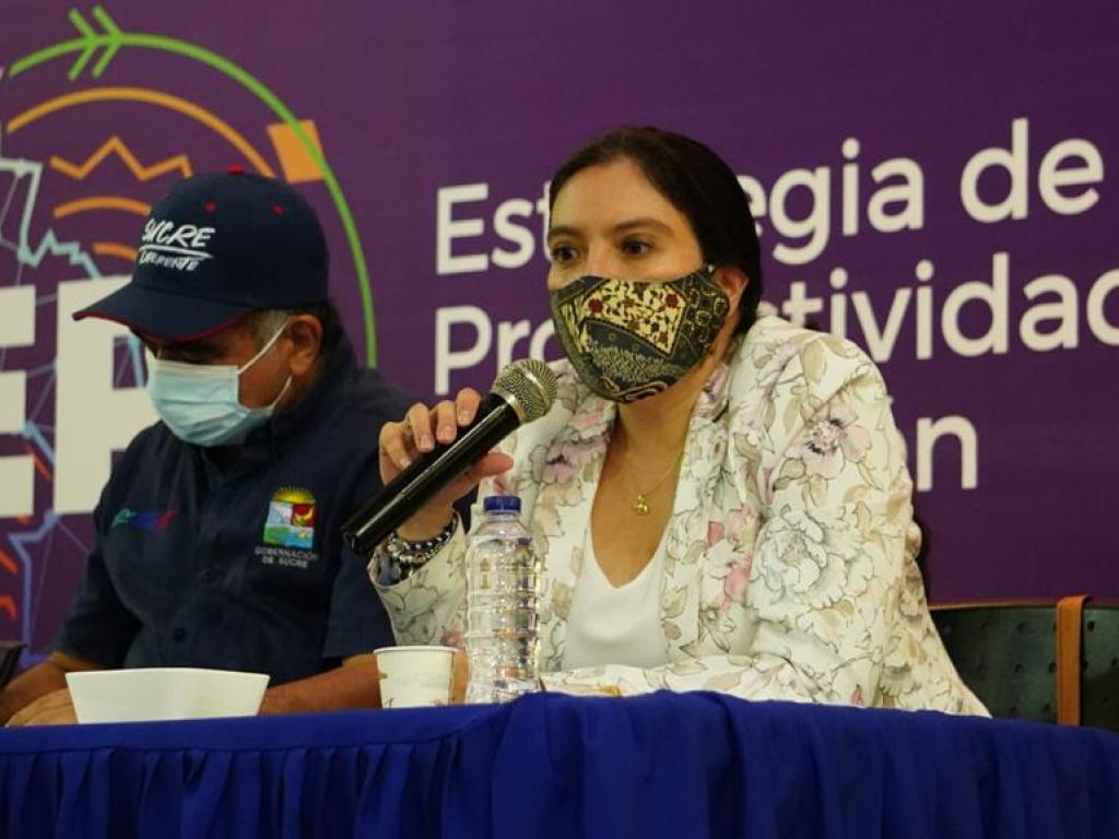 La Directora de la ANT, Myriam Martínez, aparece en compañía de un hombre funcionario de Sucre, sentados en una mesa de conversación. Los dos tienen tapabocas y ella está hablando por un micrófono.