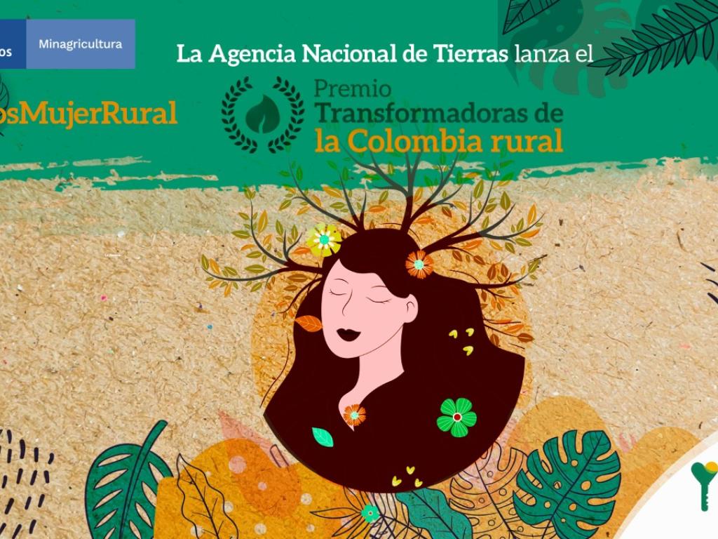 Diseño de pieza gráfica para comunicar el Premio Transformadoras de la Colombia Rural. En ella se evidencia el logo del Gobierno Nacional, #SomosMujerRural, logo de la ANT, el dibujo del rostro de una mujer con sus ojos cerrados y sobre su cabeza ramas de arboles.