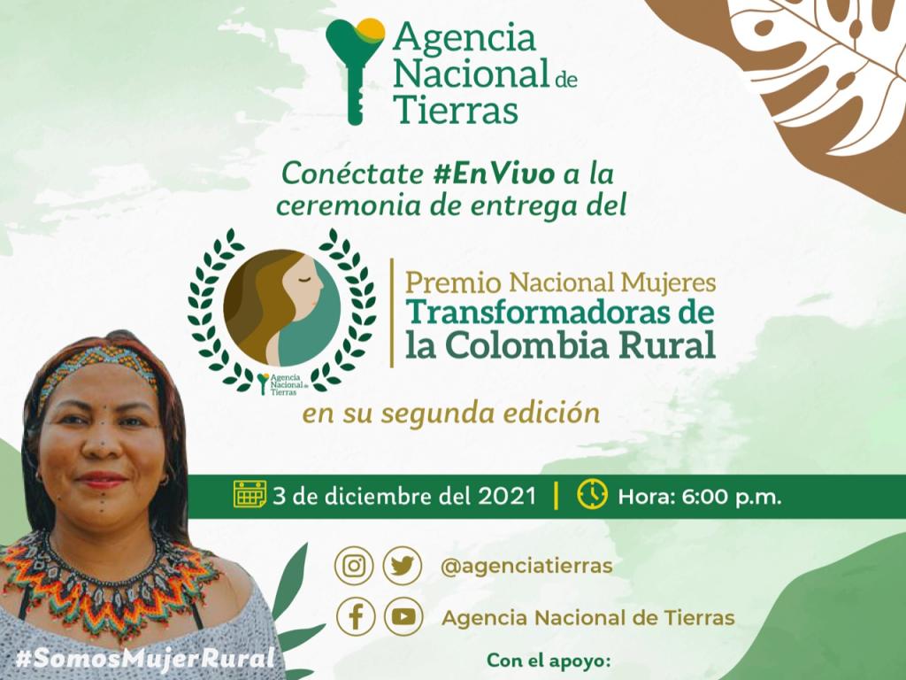 Banner informativo del acto de entrega del Premio Nacional ‘Mujeres Transformadoras de la Colombia Rural’